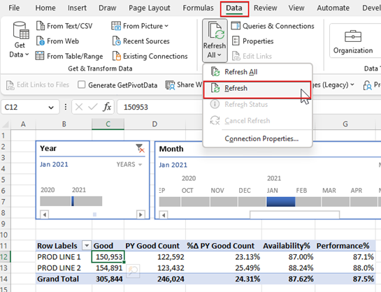 Capture d’écran montrant l’actualisation de tout à partir de l’onglet Données.