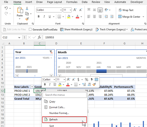 Capture d’écran montrant l’actualisation d’un objet unique dans Excel.
