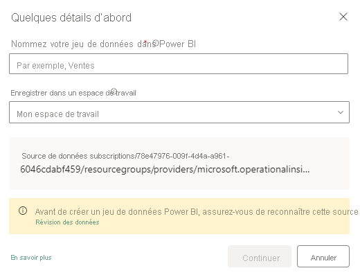 Capture d’écran d’une boîte de dialogue dans laquelle vous nommez le modèle sémantique et choisissez un espace de travail.