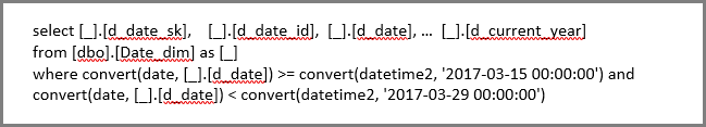 Screenshot de la requête SQL native générée avec un littéral de date fixe après avoir appliqué un filtre de date relative dans Power Query.