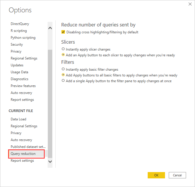 Capture d'écran des options de réduction des requêtes de Power BI Desktop affichant les paramètres pour retarder les segments de données et filtrer les données.
