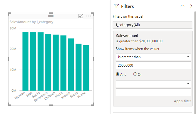 Screenshot d’un visuel Power BI avec un filtre de mesure appliqué pour illustrer la surcharge de requête ajoutée.