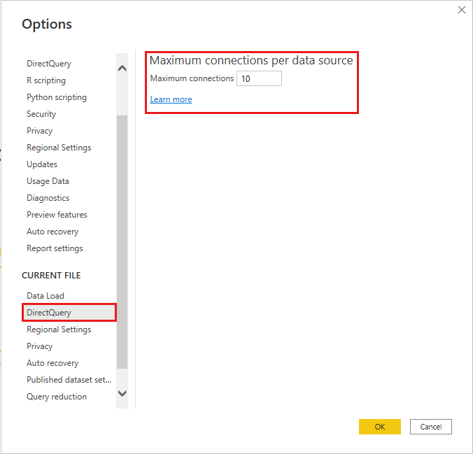 Capture d'écran du paramètre des connexions maximales DirectQuery par source de données dans les options de Power BI Desktop.