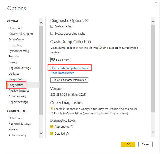 Screenshot de la boîte de dialogue Options de diagnostic dans Power BI Desktop avec un lien pour ouvrir le dossier traces.