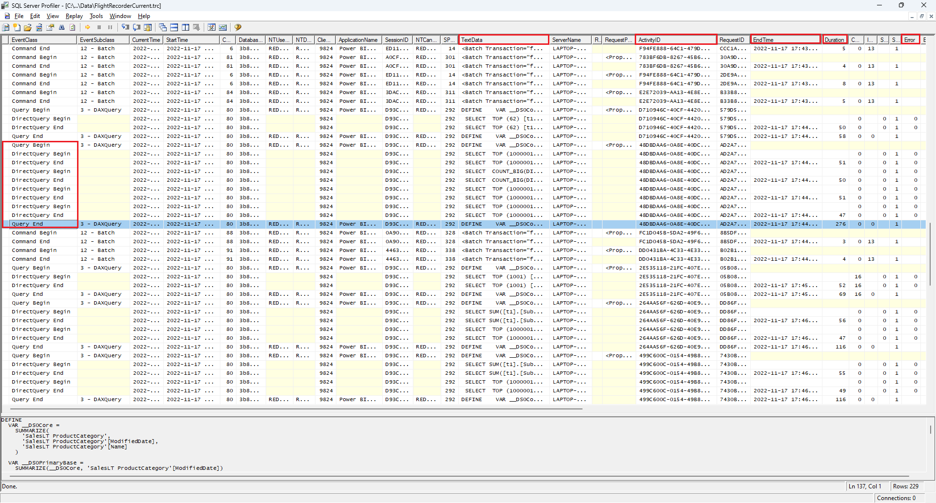 Capture d’écran des événements Profiler regroupés par ActivityID montrant la requête DAX et les événements de début et de fin de DirectQuery SQL.