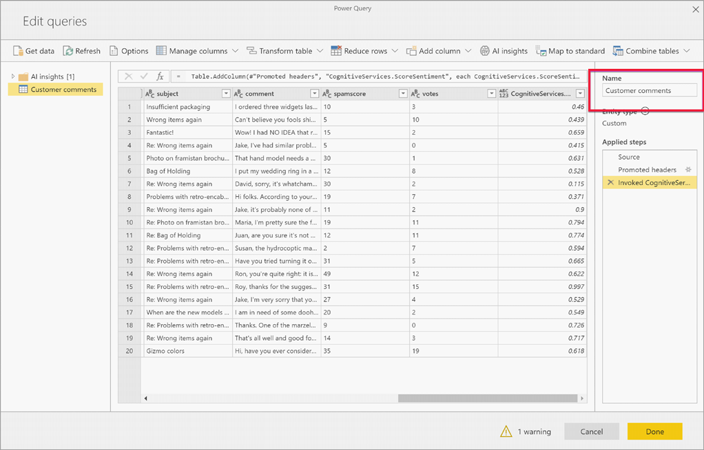 Screenshot shows Edit queries with Name called out.