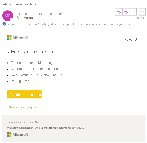 Capture d’écran montrant un message électronique pour l’alerte de sentiment. Un lien dans le message est intitulé Accéder au tableau de bord.
