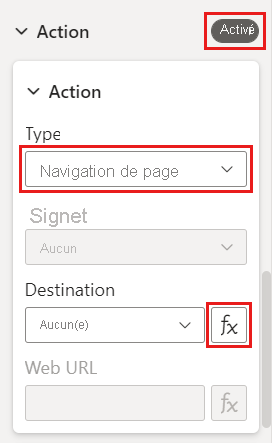 Capture d’écran du volet Format du navigateur avec action activée. Pour type, la navigation de page est sélectionnée. Sous Destination, l’icône fx est mise en surbrillance.