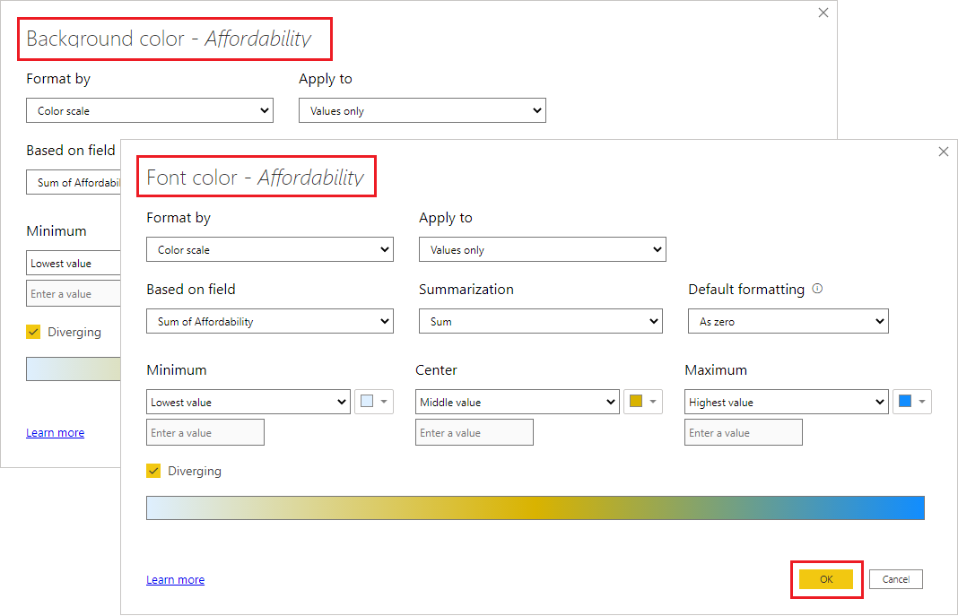 Conditional formatting dialog for Background color and Font color