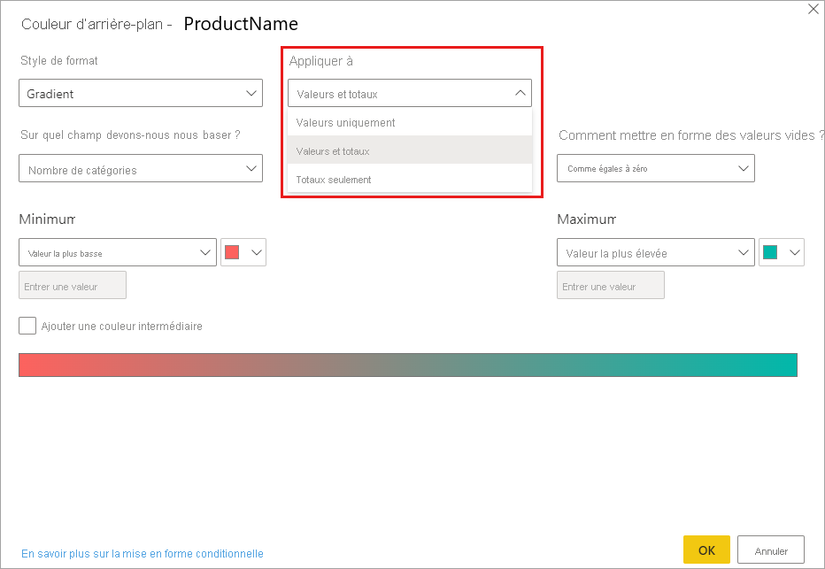 Conditional formatting dialog: Apply to dropdown is set to Values and totals.