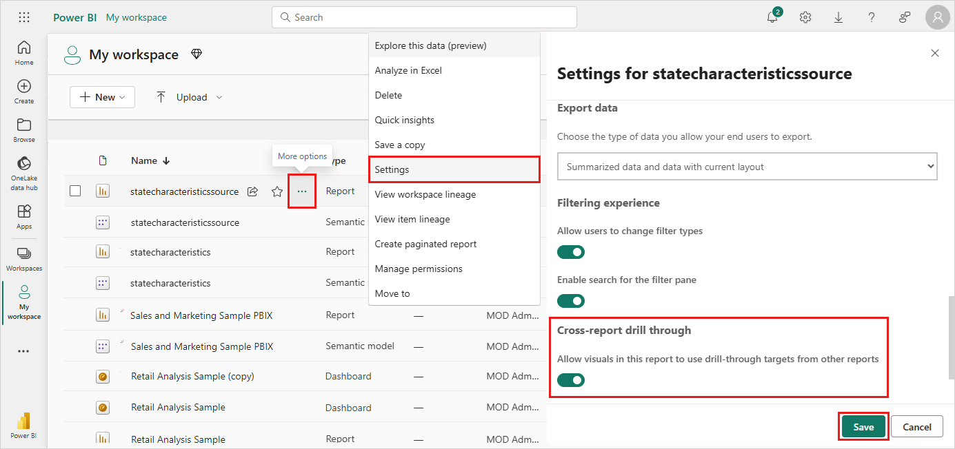 Capture d’écran montrant l’activation de l’extraction interrapport dans le service Power BI.