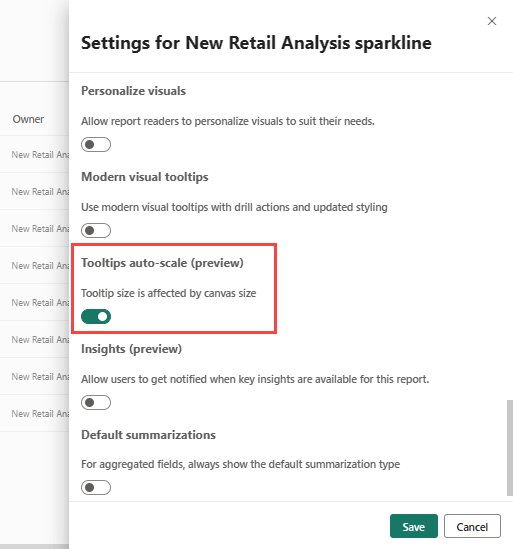 Capture d'écran montrant que la taille de l'info-bulle est affectée par l'option de case à cocher 'taille du canevas' dans le service Power BI.