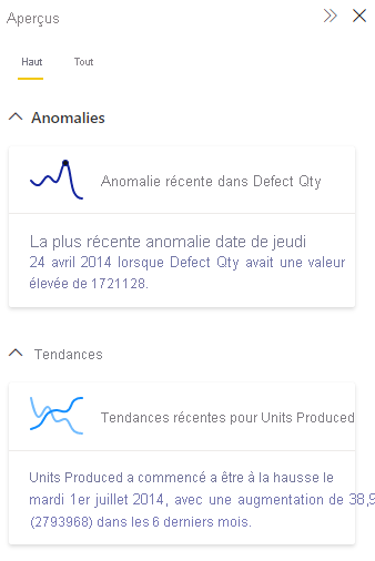 Capture d’écran montrant le volet contenant des insights.