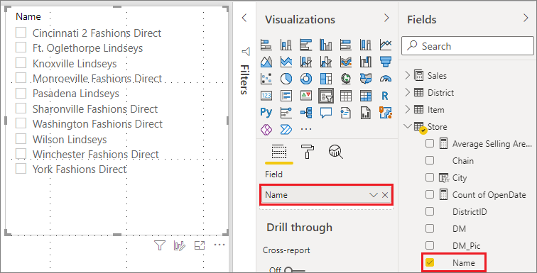 Screenshot shows a field that has been added to the slicer in Power BI Desktop.