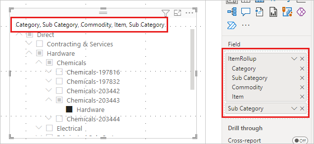 Capture d’écran du segment de hiérarchie dans Power&nbsp;BI Desktop.