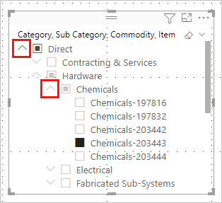 Capture d’écran de la liste déroulante du segment de hiérarchie dans Power&nbsp;BI