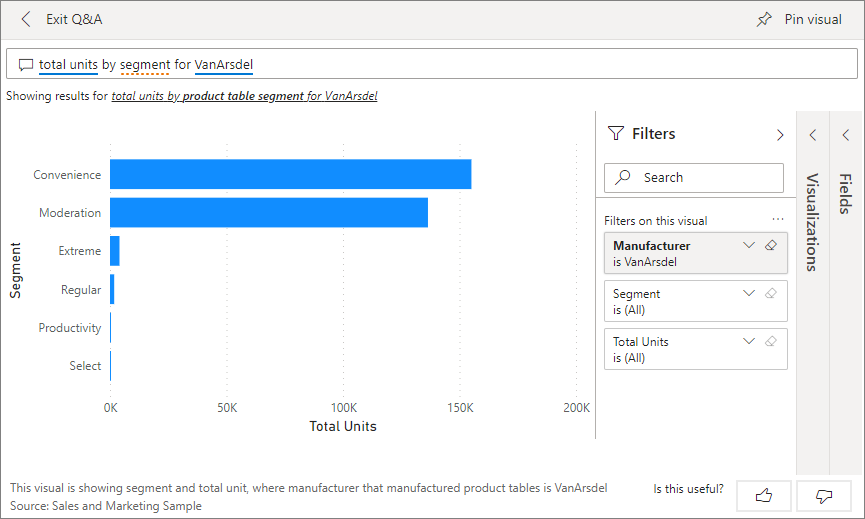 Screenshot of Q&A total units by segment for VanArsdel.