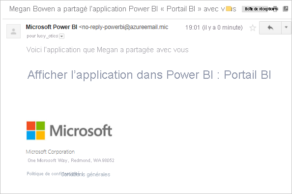 Capture d’écran de l’e-mail que l’utilisateur invité reçoit quand l’application a été partagée.