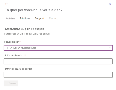 Capture d’écran de l’onglet Support, montrant où sélectionner Ajouter un nouveau contrat.