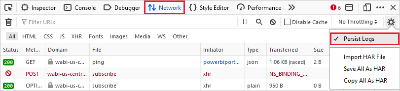 Screenshot of the Inspector tools with network tab and persist logs selected.