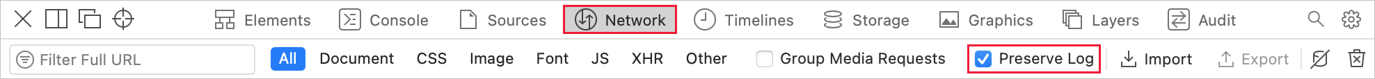 Screenshot of the Web Inspector menu with Network and Preserve Log selected.