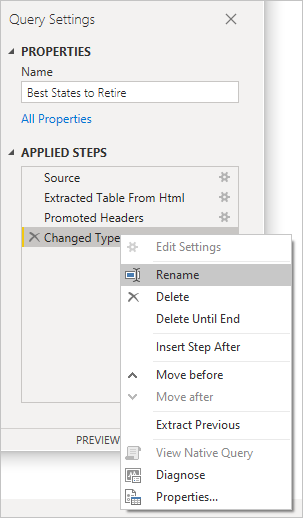 Capture d’écran de Power BI Desktop montrant les propriétés Paramètres de requête et les filtres des Étapes appliquées.