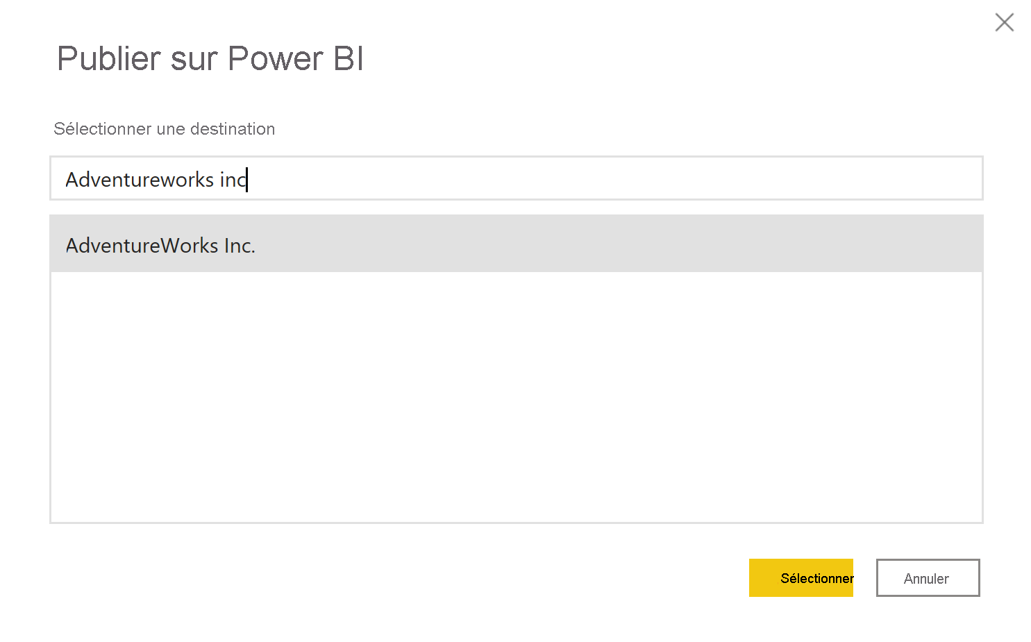 Capture d’écran de la publication du rapport sur le service Power&nbsp;BI.