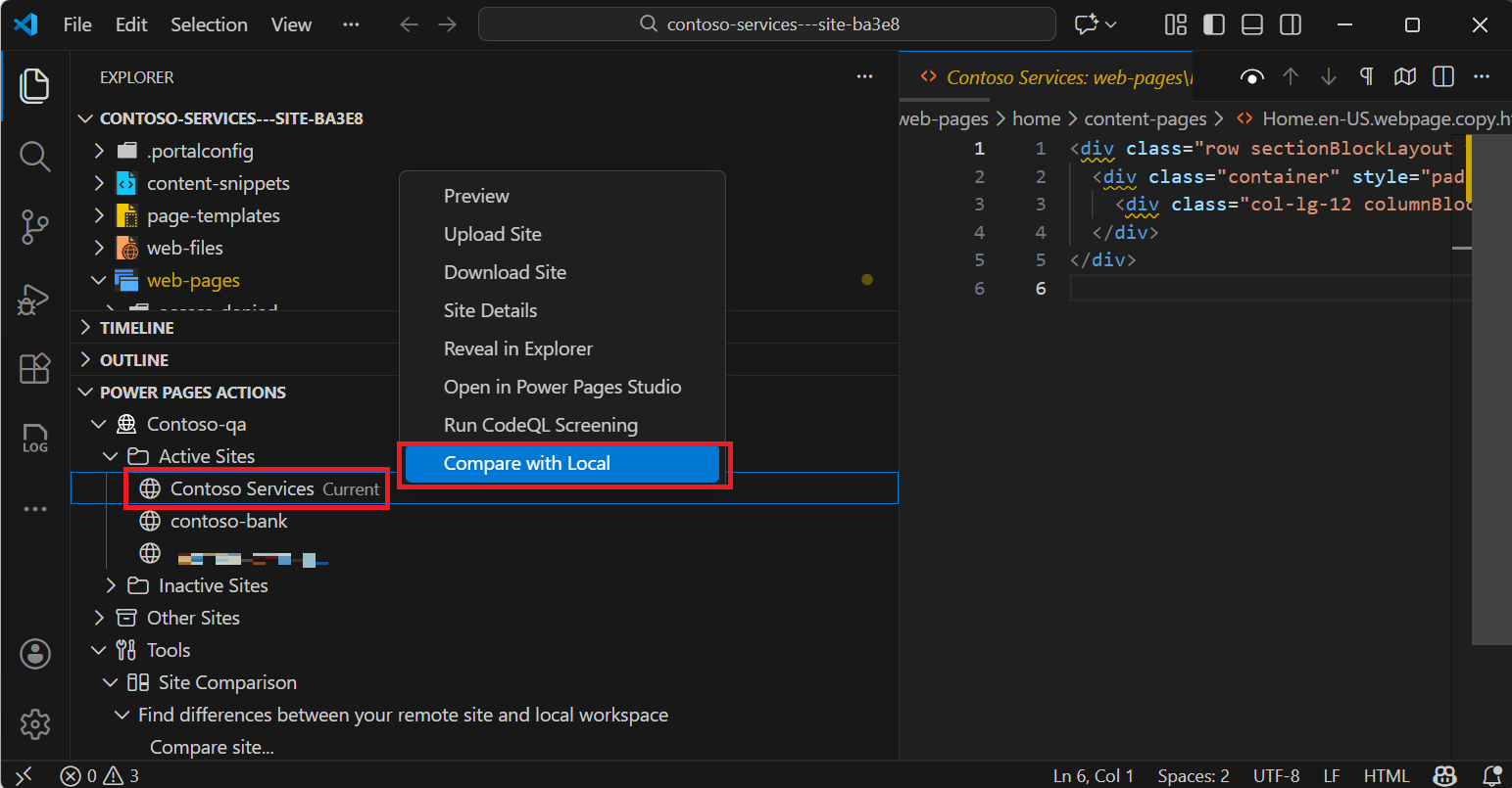 Capture d’écran montrant l’option Comparer avec l’option locale dans la liste des sites.