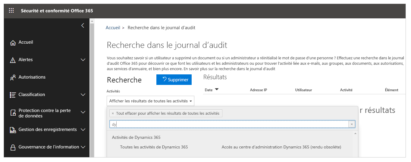 Capture d’écran du journal d’audit Office 365.