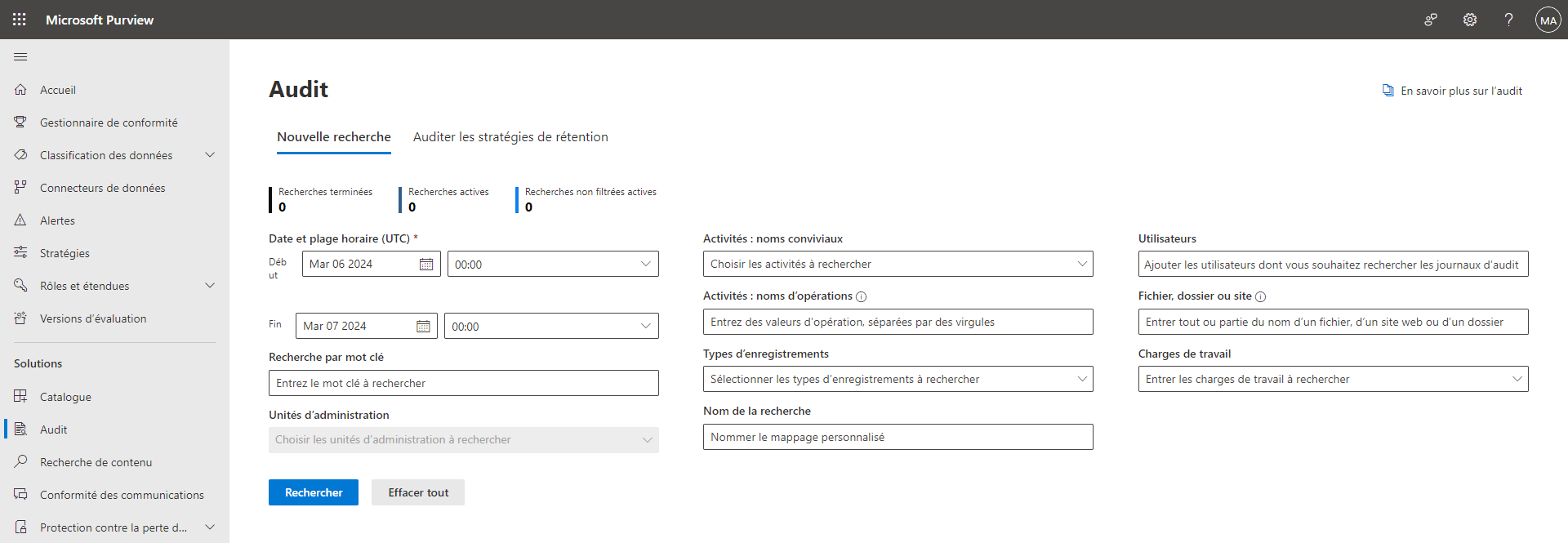 Page de recherche d’audit de Microsoft Purview