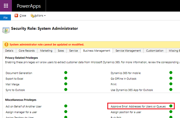 Capture d’écran présentant le privilège Approuver l’adresse électronique pour les utilisateurs ou les files d’attente.