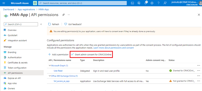 Capture d’écran de l’octroi d’un accès administrateur à l’autorisation API pour l’application.