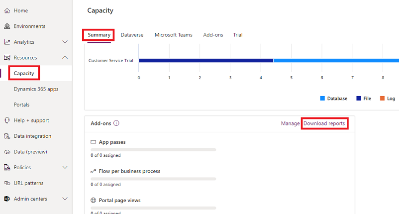 Capture d’écran qui montre la page Capacité dans le Power Platform Centre d’administration et met en évidence le lien pour télécharger les rapports.