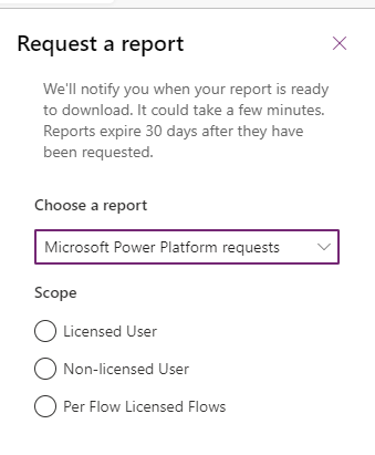 Capture d’écran montrant le menu déroulant des Power Platform rapports de requêtes.