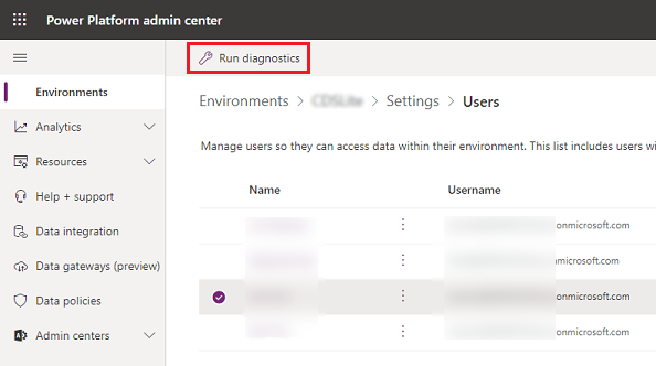 Liste des utilisateurs dans un environnement Dataverse for Teams.