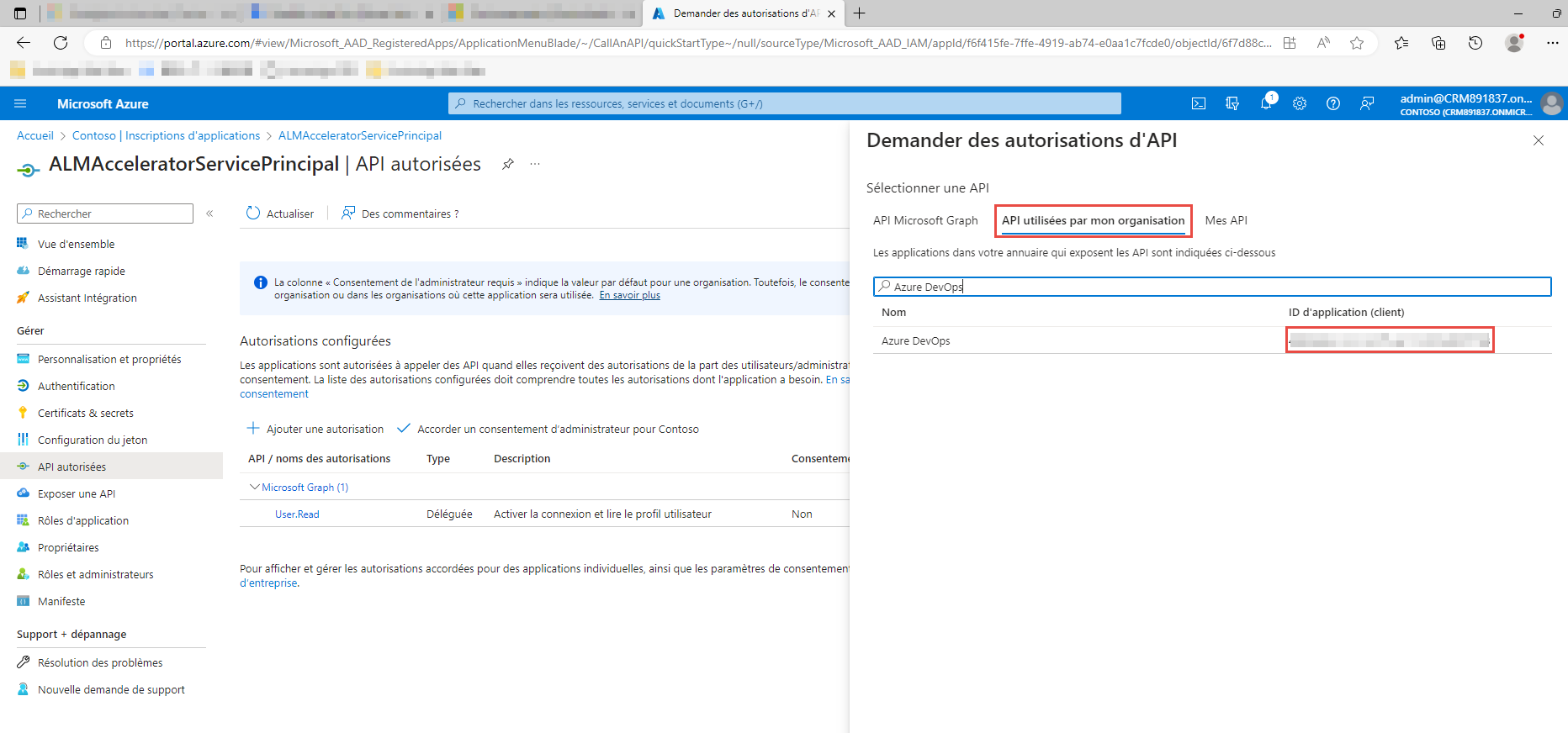 Capture d’écran de la fenêtre Demander les autorisations de l’API, avec l’onglet API que mon organisation utilise et l’ID d’application (client) en surbrillance.