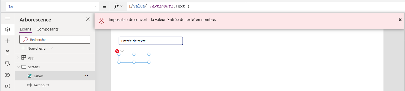 Bannière d’erreur affichée avec « la valeur ne peut pas être convertie en nombre » pour le contrôle de saisie de texte contenant « Saisie de texte »