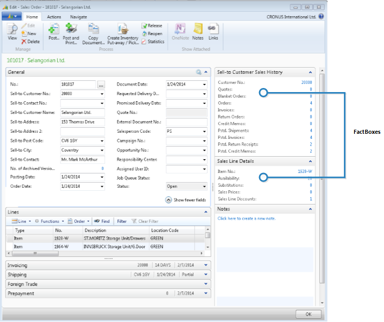 NAVRTCFactBoxOverview Shows FactBox on a sales order