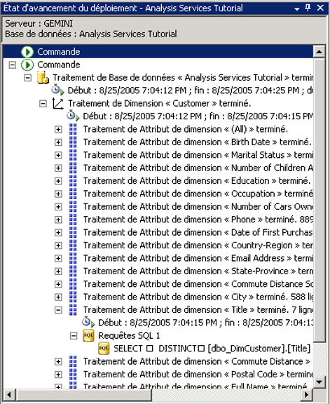 Nœud&nbsp;1 de requêtes SQL dans la fenêtre État d'avancement du déploiement