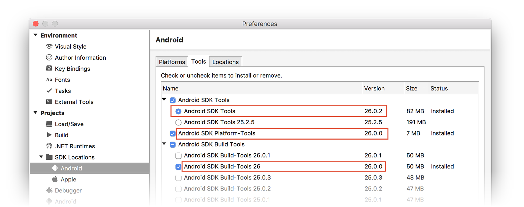Sélection des outils android SDK 26 dans le Gestionnaire du SDK