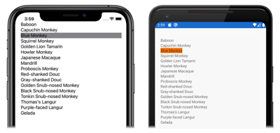 Capture d’écran d’une CollectionView qui répond à la sélection d’un élément, sur iOS et Android