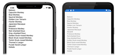 Capture d’écran d’une CollectionView contenant les données d’une collection, sur iOS et Android