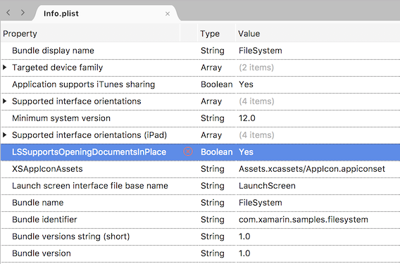 Définir LSSupportsOpeningDocumentsInPlace dans Info.plist