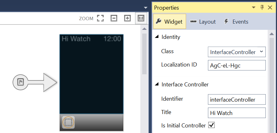 Définissez l’identificateur et le titre du contrôleur d’interface sur interfaceController et Hi Watch