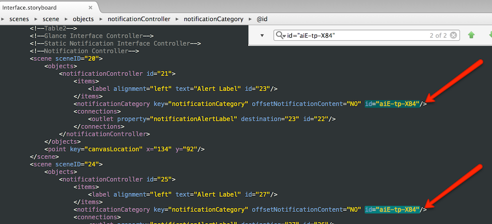 Ouverture du fichier storyboard dans un éditeur de texte et modification manuelle de l’élément ID comme unique