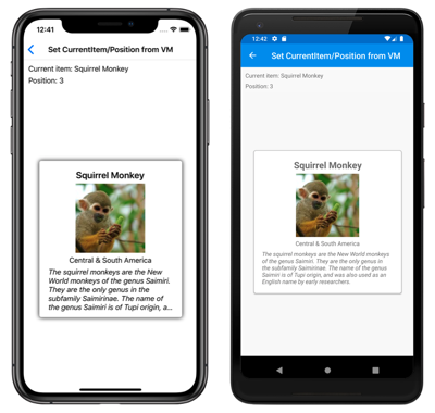 CarouselView avec position prédéfinie Capture d’écran d’un CarouselView avec une position prédéfinie, sur iOS et Android