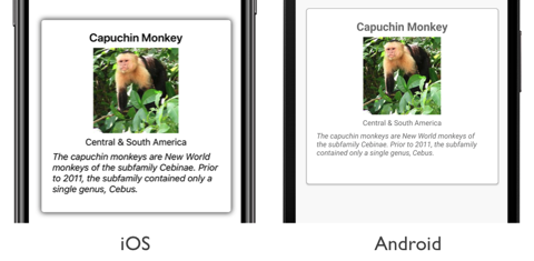Capture d’écran d’une disposition horizontale CarouselView, sur iOS et Android