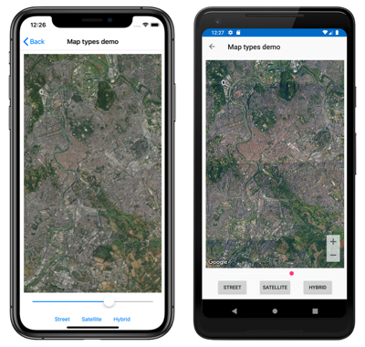 Capture d’écran du contrôle de carte avec le type de carte satellite, sur iOS et Android