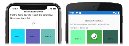 Capture d’écran d’une RefreshView actualisation des données, sur iOS et Android