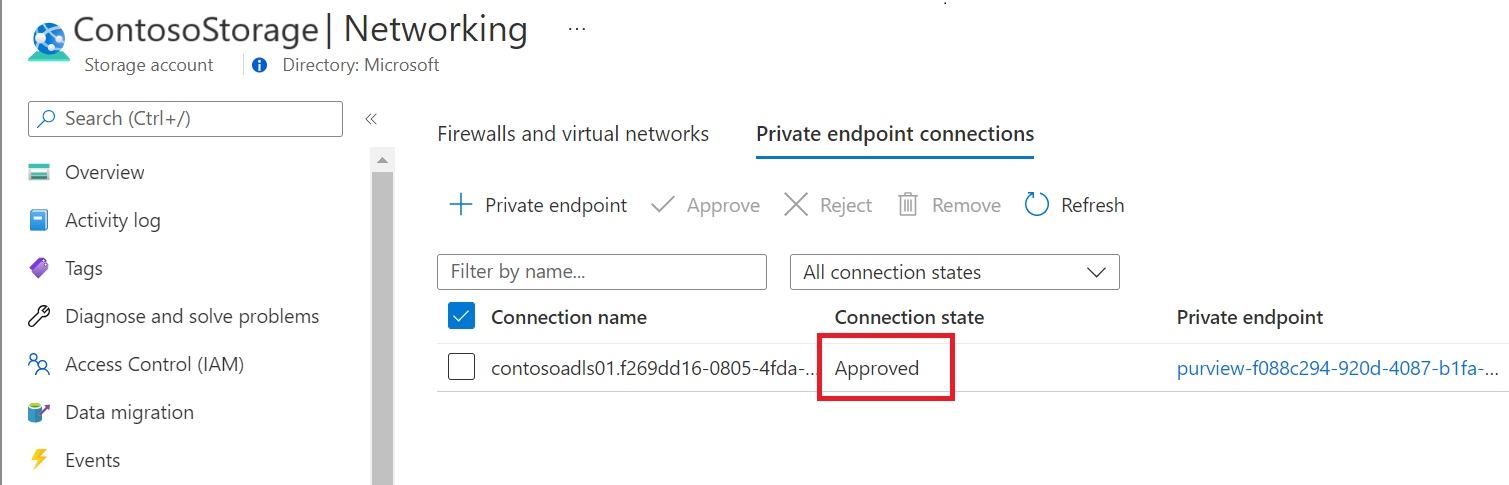 Capture d’écran montrant un point de terminaison privé approuvé pour les sources de données dans Portail Azure